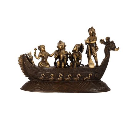Brass Lord Rama, Sita, and Lakshmana Statue on boat with Kewat statue