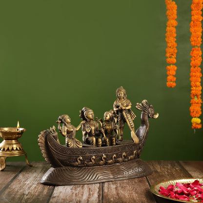 Brass Lord Rama, Sita, and Lakshmana Statue on boat with Kewat statue