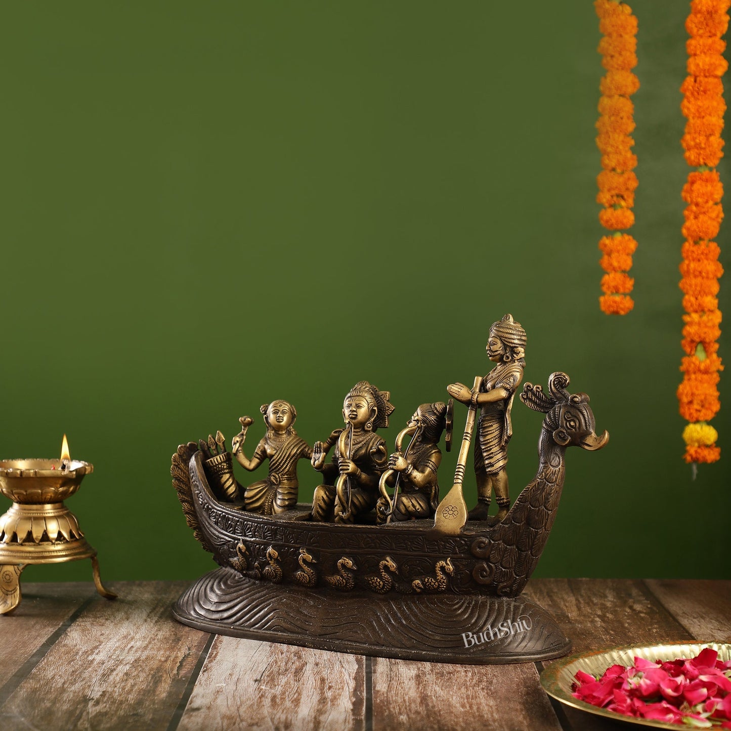 Brass Lord Rama, Sita, and Lakshmana Statue on boat with Kewat statue