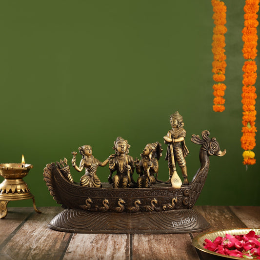 Brass Lord Rama, Sita, and Lakshmana Statue on boat with Kewat statue