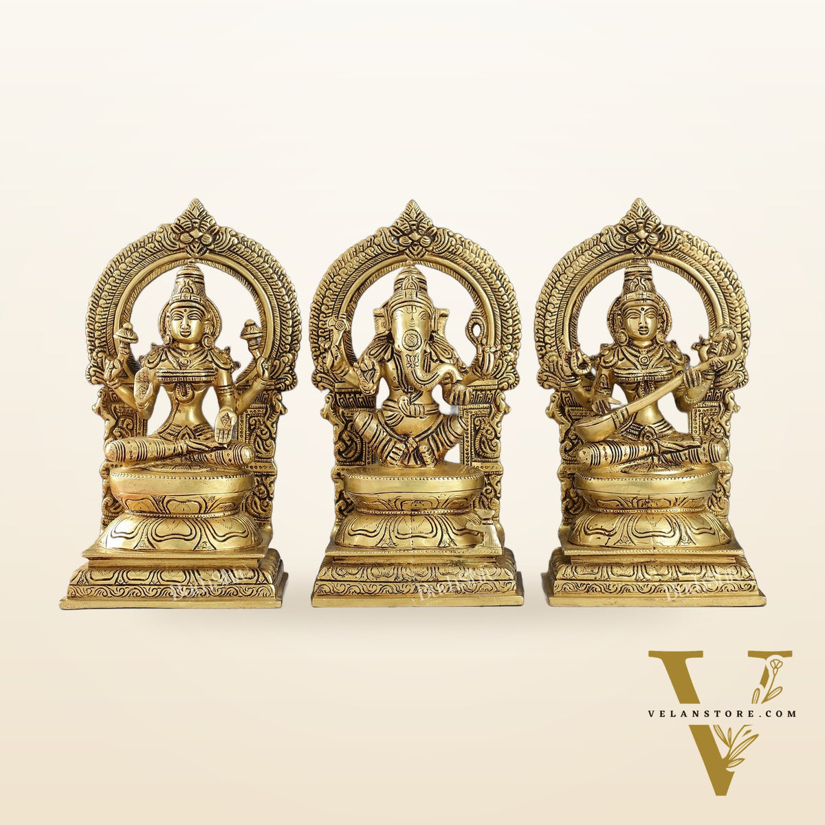 The Holy Trinity - Ganesha, Lakshmi, Saraswati - Brass Idols 10"