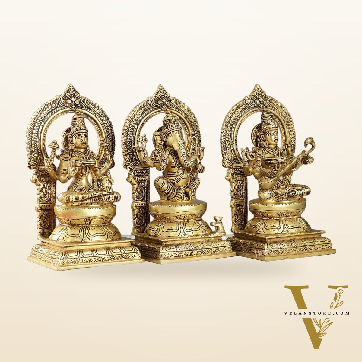 The Holy Trinity - Ganesha, Lakshmi, Saraswati - Brass Idols 10"
