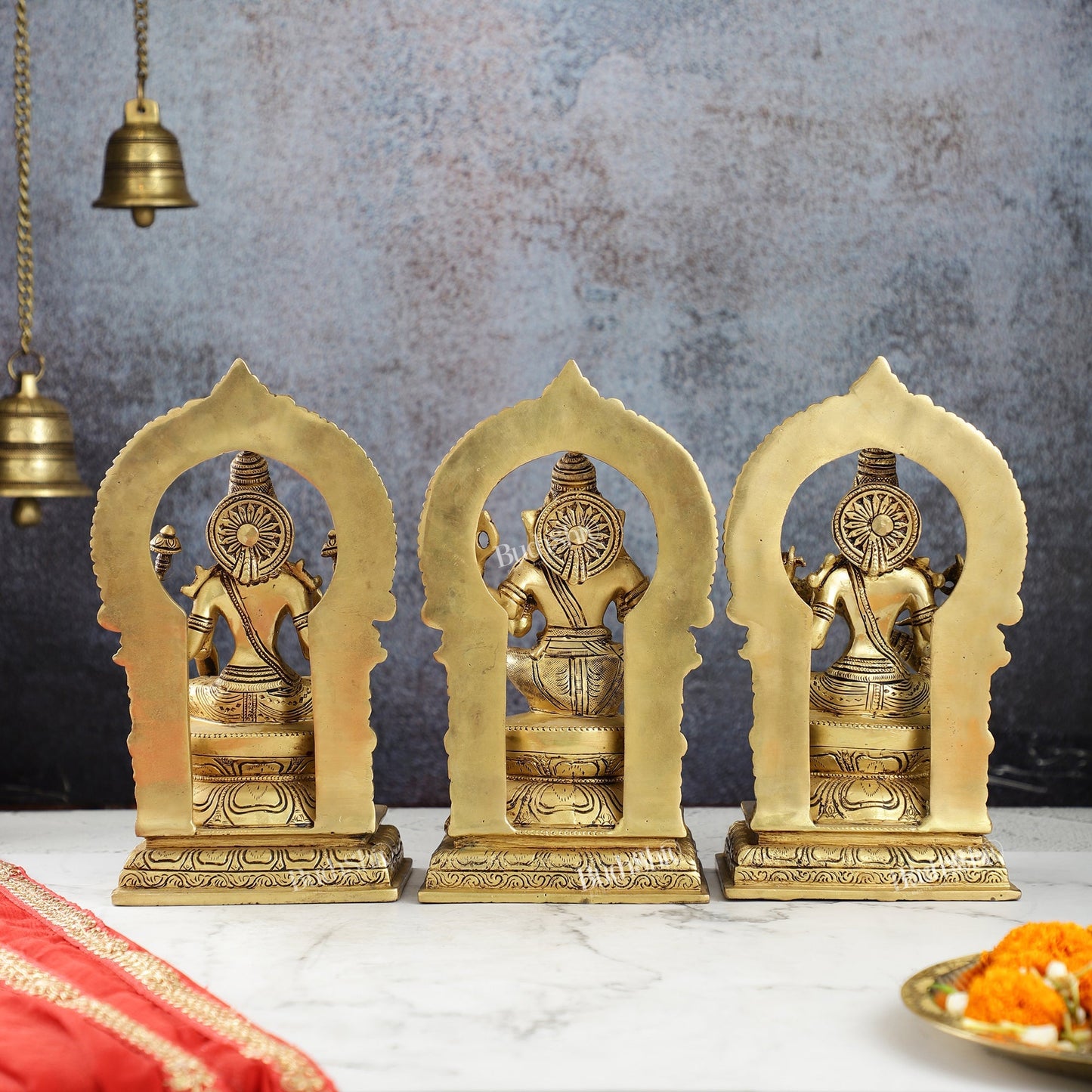The Holy Trinity - Ganesha, Lakshmi, Saraswati - Brass Idols 10"