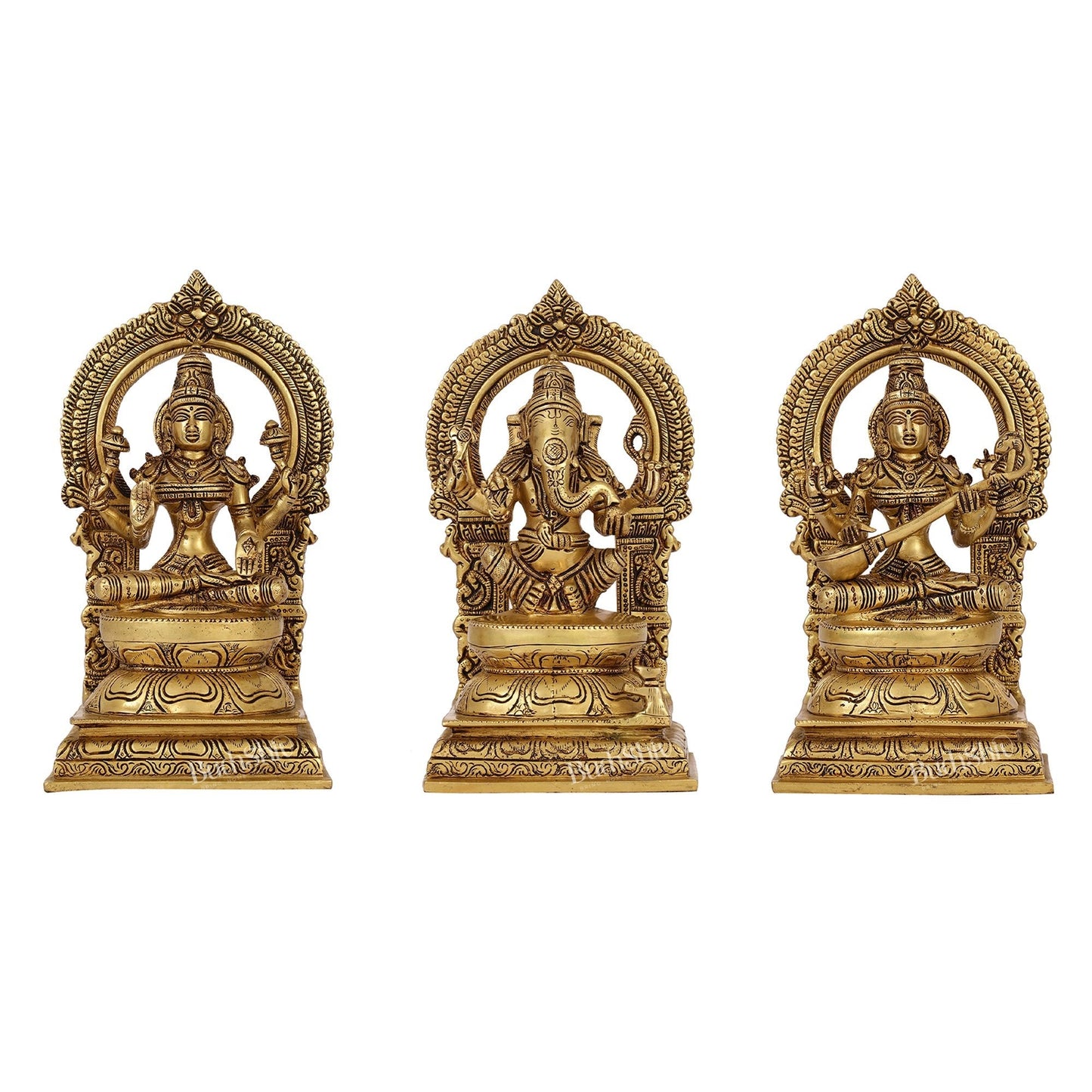 The Holy Trinity - Ganesha, Lakshmi, Saraswati - Brass Idols 10"