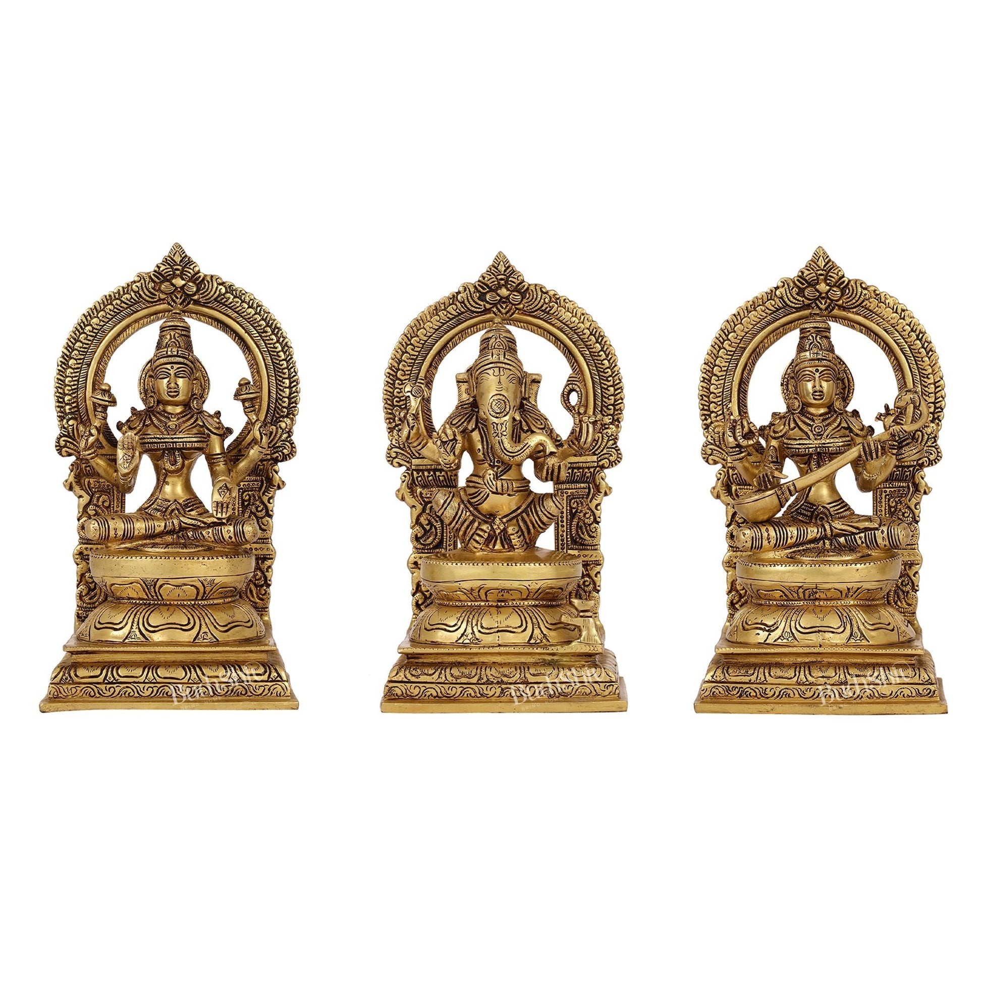 The Holy Trinity - Ganesha, Lakshmi, Saraswati - Brass Idols 10"