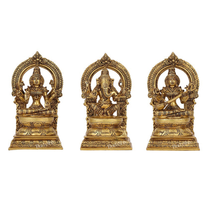 The Holy Trinity - Ganesha, Lakshmi, Saraswati - Brass Idols 10"