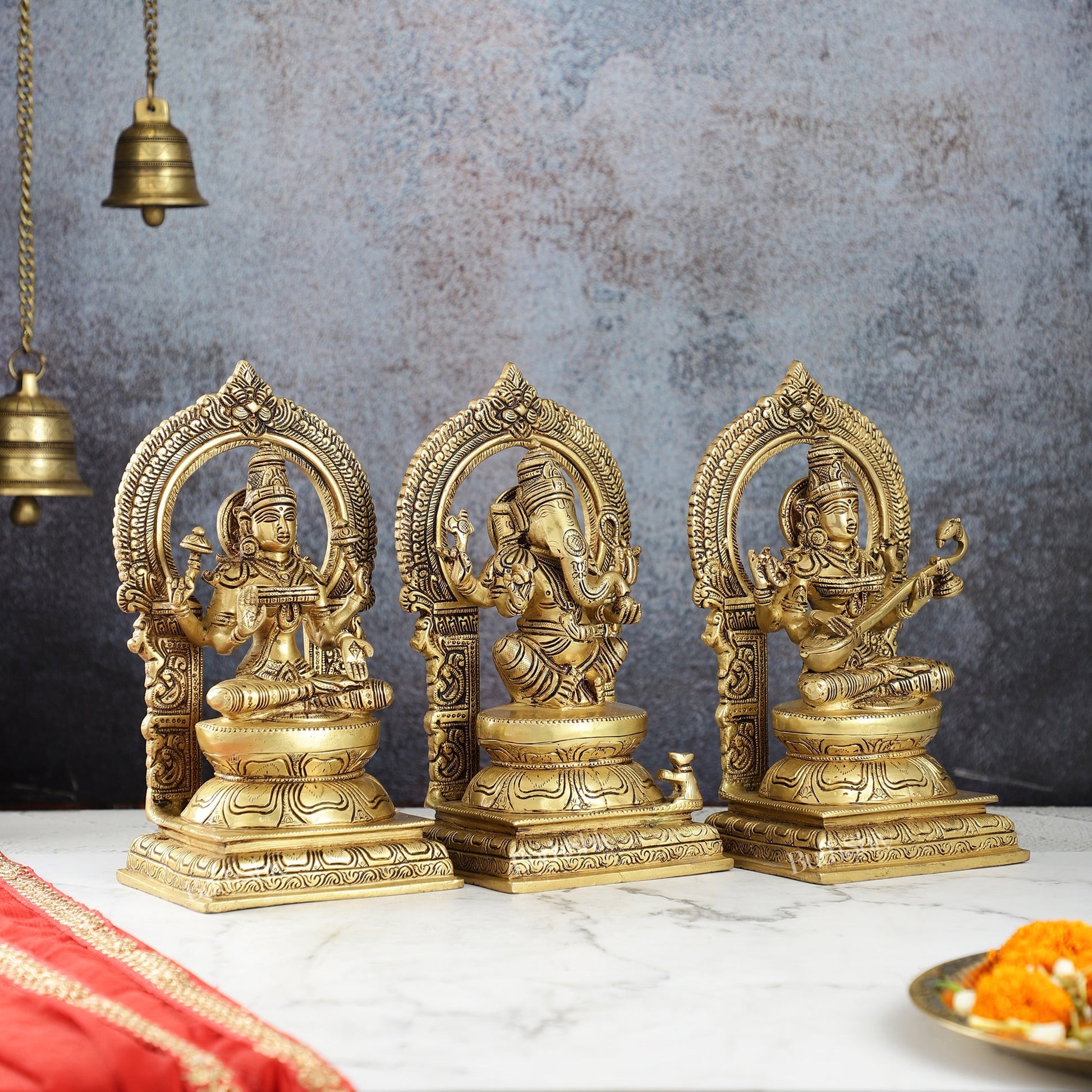 The Holy Trinity - Ganesha, Lakshmi, Saraswati - Brass Idols 10"