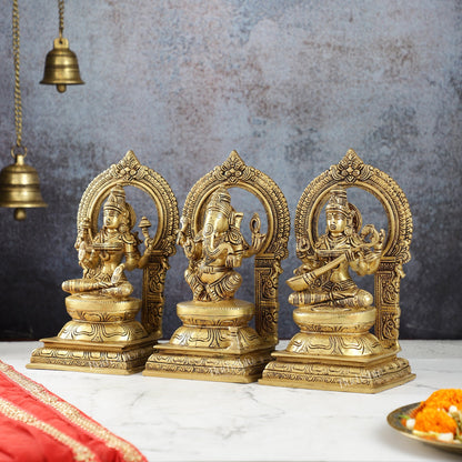 The Holy Trinity - Ganesha, Lakshmi, Saraswati - Brass Idols 10"