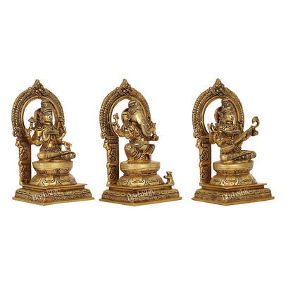 The Holy Trinity - Ganesha, Lakshmi, Saraswati - Brass Idols 10"