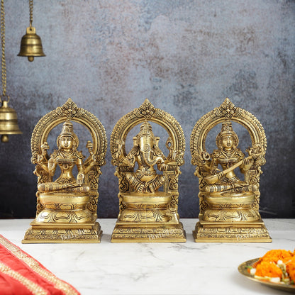 The Holy Trinity - Ganesha, Lakshmi, Saraswati - Brass Idols 10"
