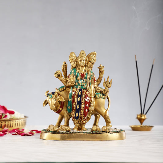 Pure Brass Three faced Dattatreya guru with a cow and four dogs