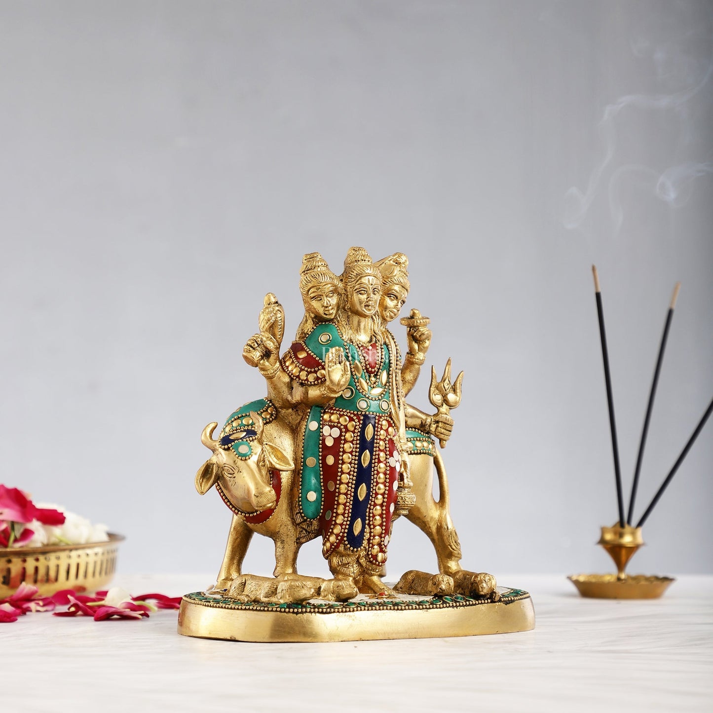 Pure Brass Three faced Dattatreya guru with a cow and four dogs
