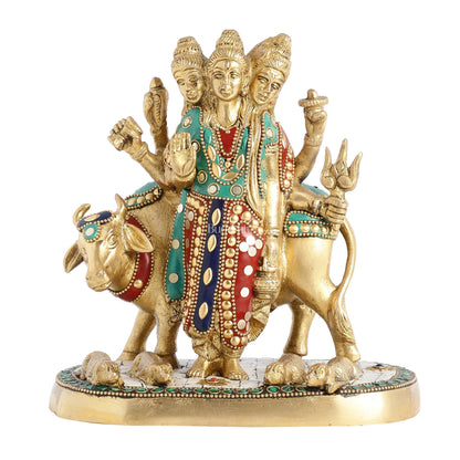 Pure Brass Three faced Dattatreya guru with a cow and four dogs