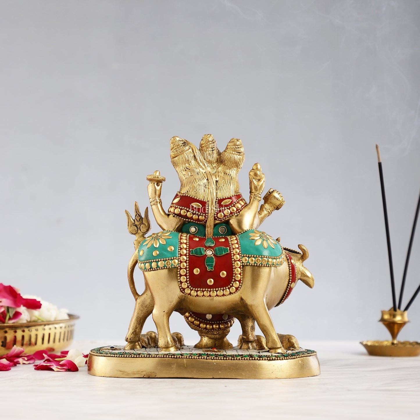 Pure Brass Three faced Dattatreya guru with a cow and four dogs