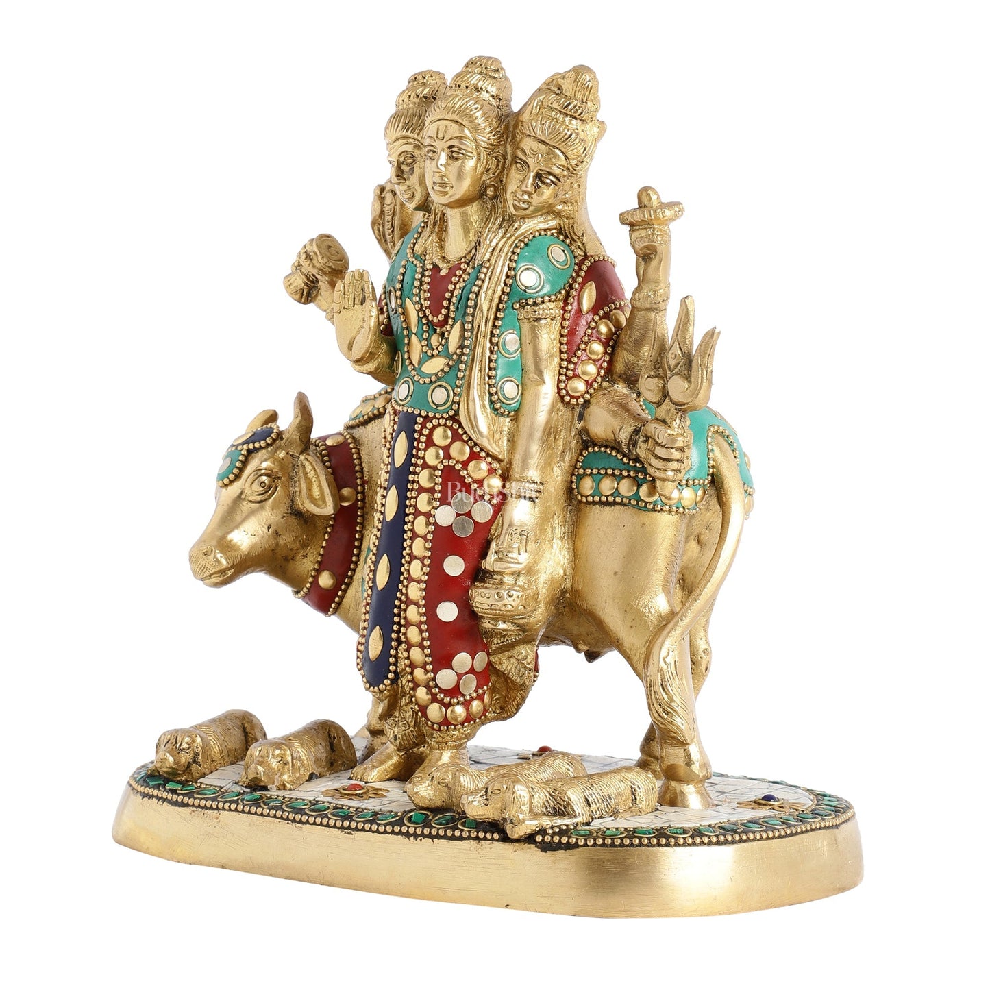 Pure Brass Three faced Dattatreya guru with a cow and four dogs