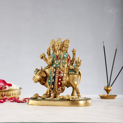 Pure Brass Three faced Dattatreya guru with a cow and four dogs