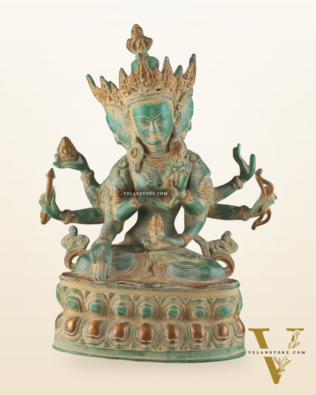 Tibetan Buddhist Deity Ushnishvijaya Brass Statue – Green Sandstone Finish, 5.8 kg