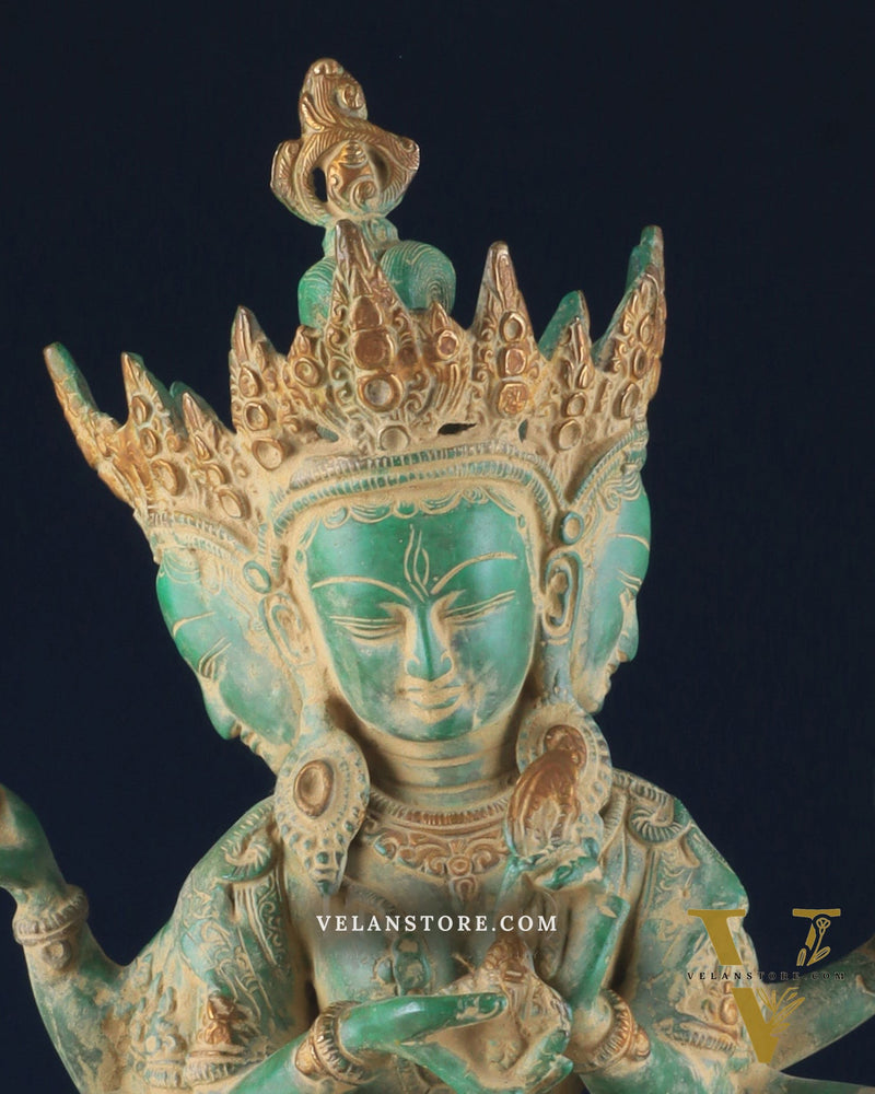 Tibetan Buddhist Deity Ushnishvijaya Brass Statue – Green Sandstone Finish, 5.8 kg