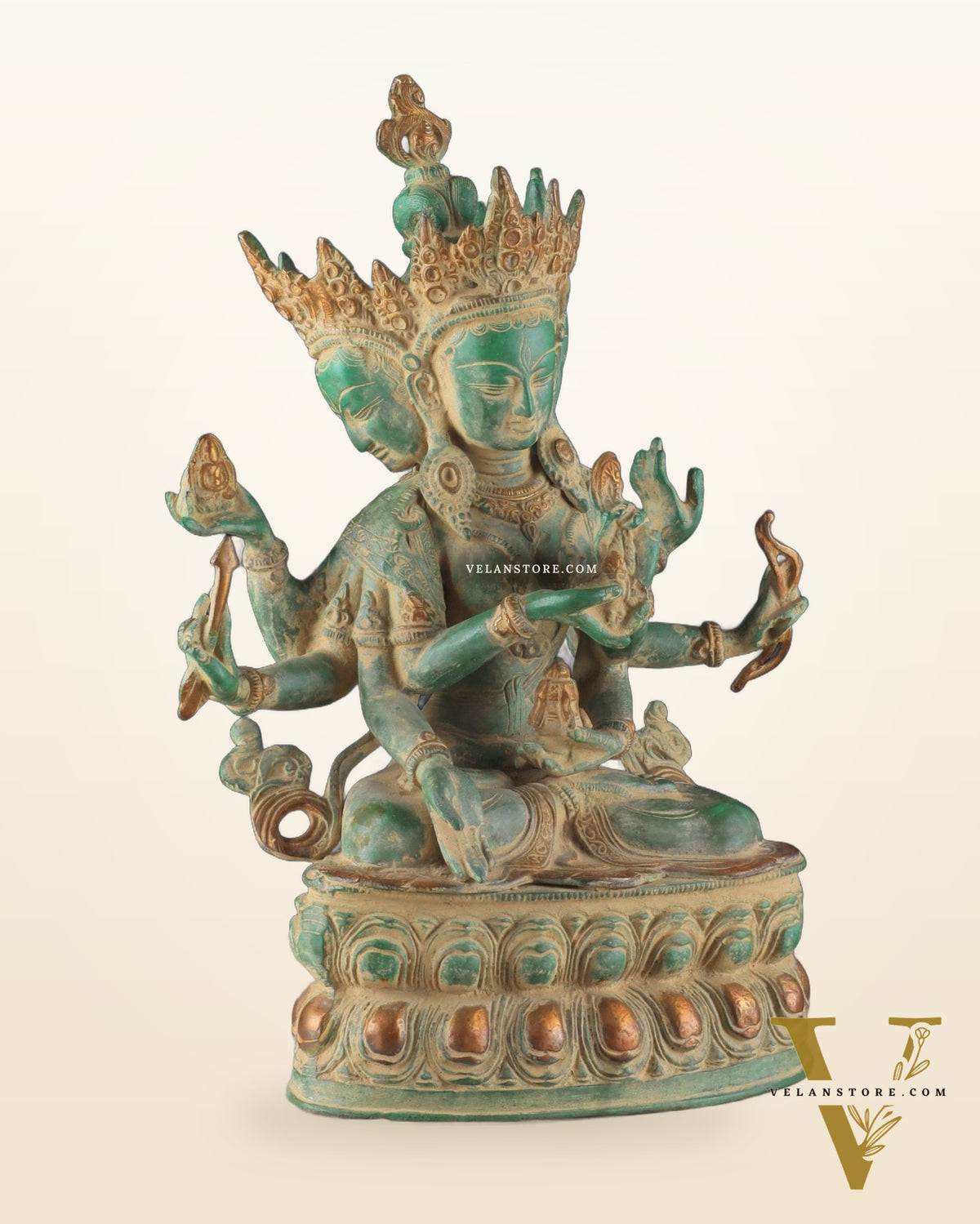 Tibetan Buddhist Deity Ushnishvijaya Brass Statue – Green Sandstone Finish, 5.8 kg