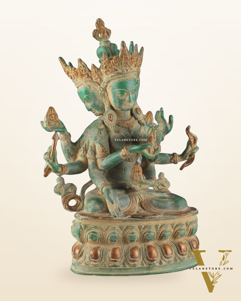Tibetan Buddhist Deity Ushnishvijaya Brass Statue – Green Sandstone Finish, 5.8 kg