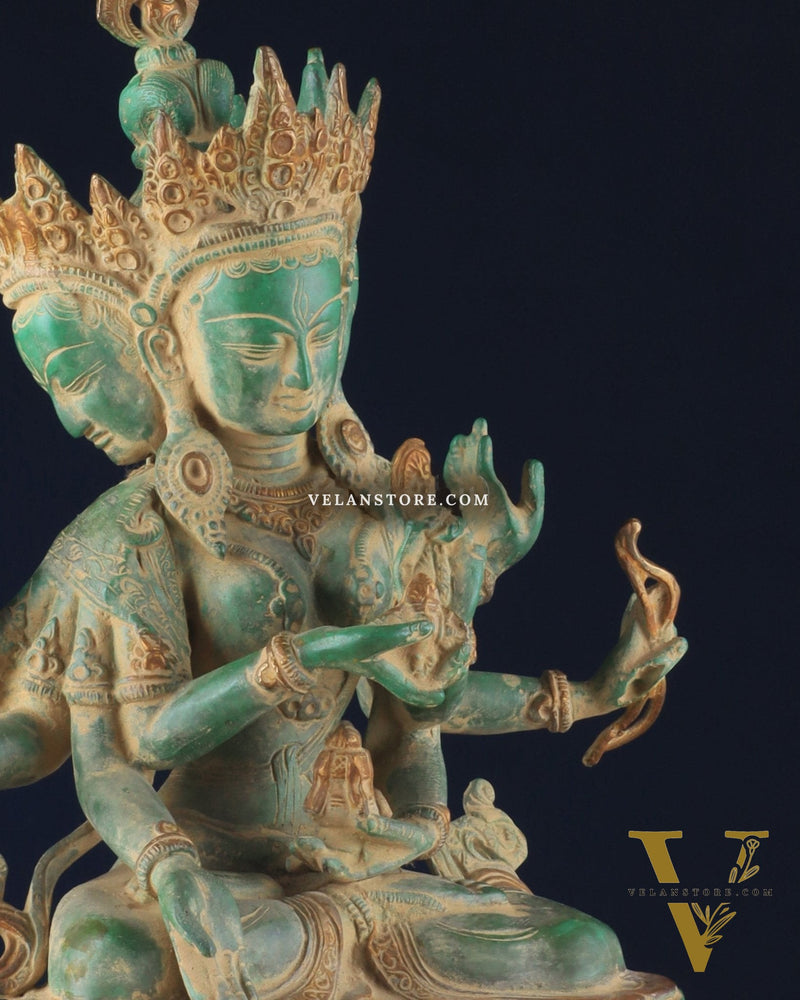 Tibetan Buddhist Deity Ushnishvijaya Brass Statue – Green Sandstone Finish, 5.8 kg