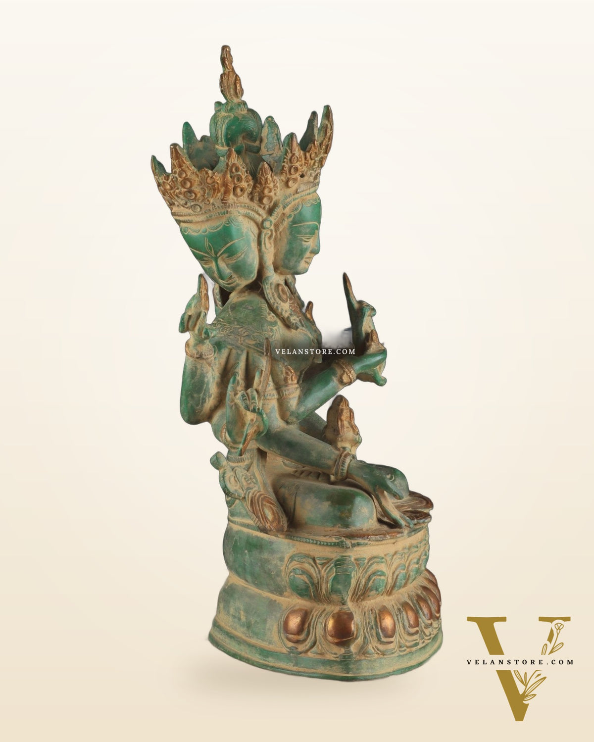 Tibetan Buddhist Deity Ushnishvijaya Brass Statue – Green Sandstone Finish, 5.8 kg
