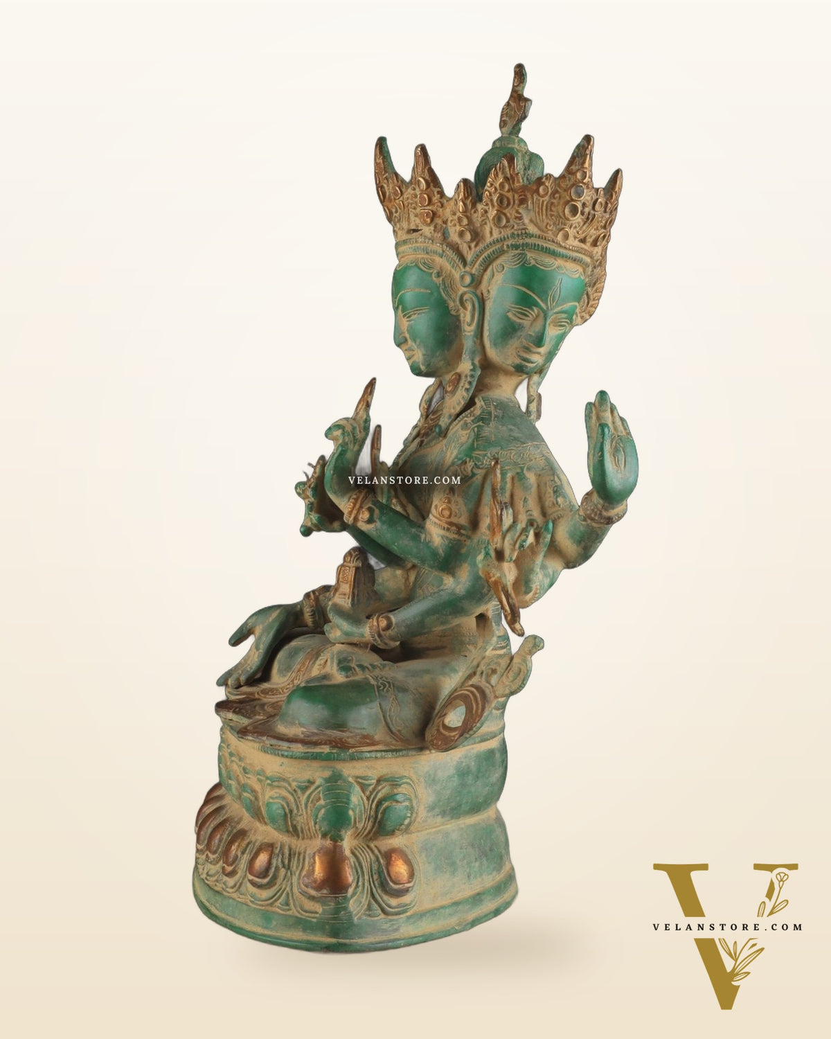 Tibetan Buddhist Deity Ushnishvijaya Brass Statue – Green Sandstone Finish, 5.8 kg