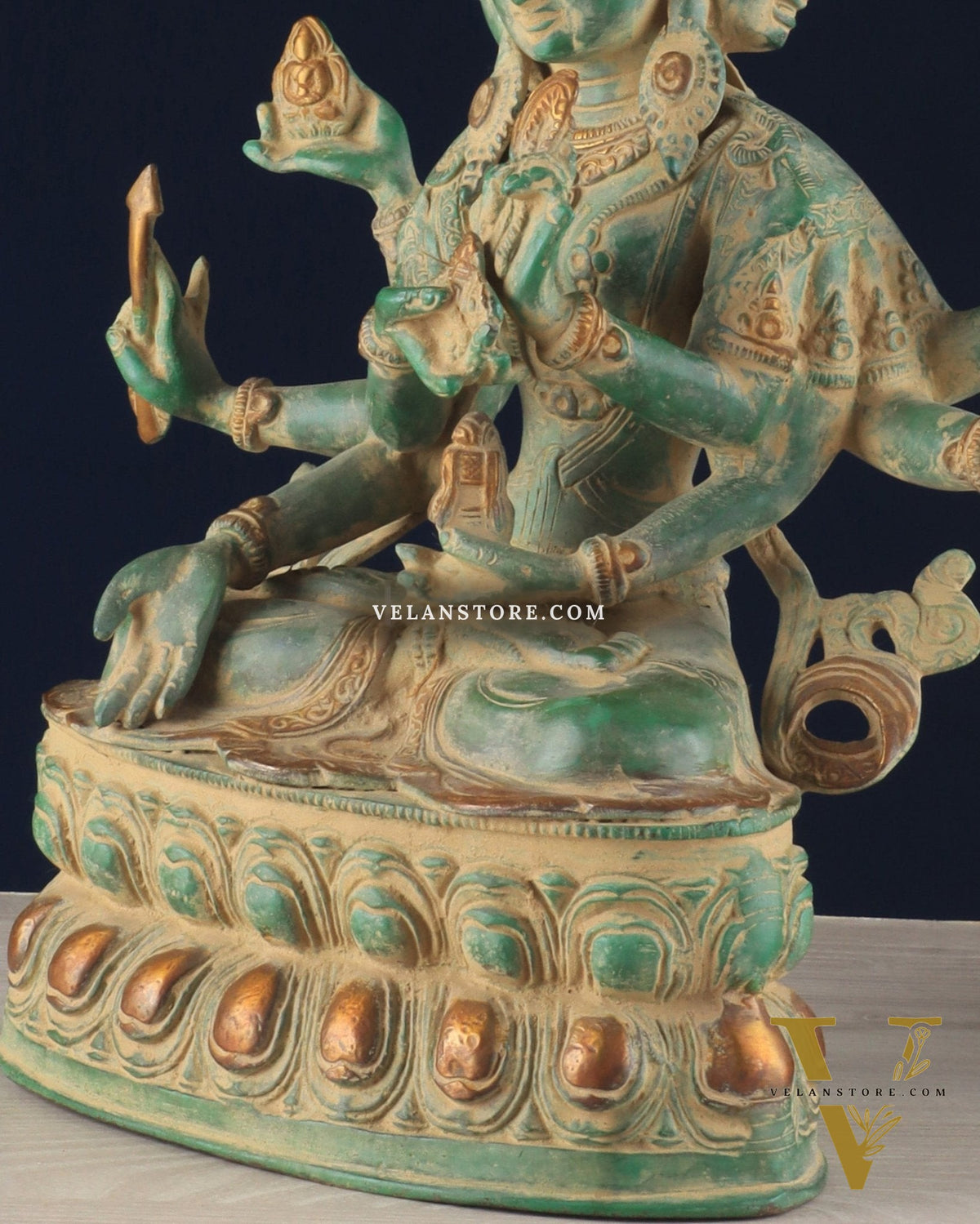 Tibetan Buddhist Deity Ushnishvijaya Brass Statue – Green Sandstone Finish, 5.8 kg