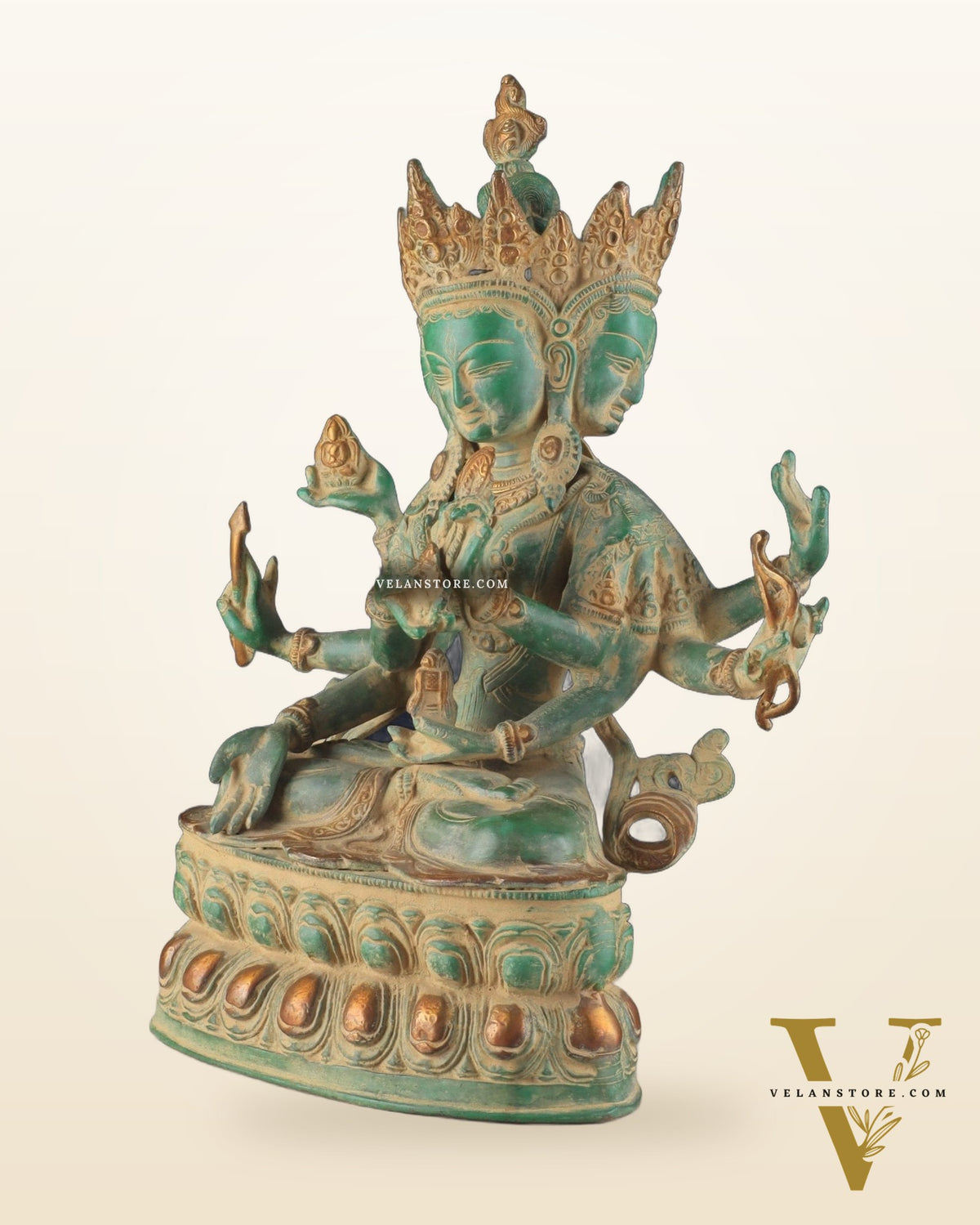 Tibetan Buddhist Deity Ushnishvijaya Brass Statue – Green Sandstone Finish, 5.8 kg