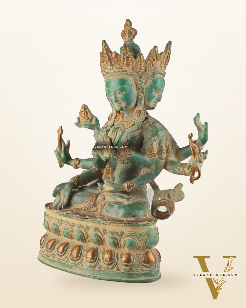 Tibetan Buddhist Deity Ushnishvijaya Brass Statue – Green Sandstone Finish, 5.8 kg