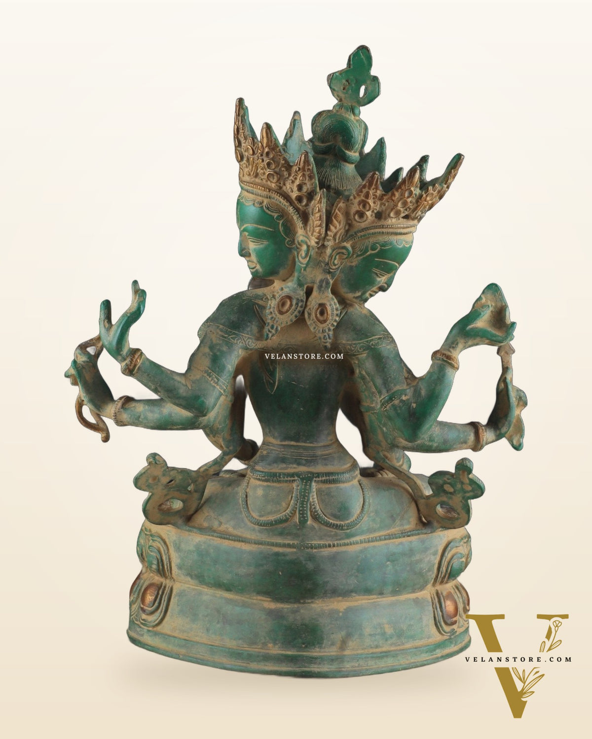 Tibetan Buddhist Deity Ushnishvijaya Brass Statue – Green Sandstone Finish, 5.8 kg
