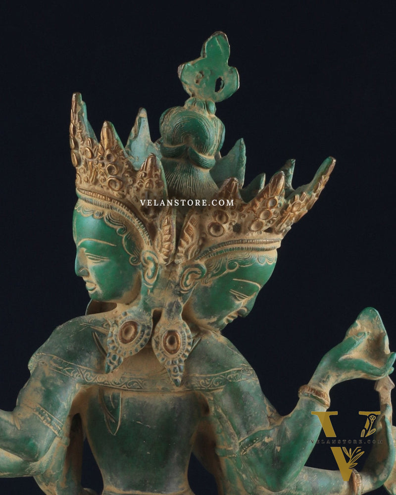 Tibetan Buddhist Deity Ushnishvijaya Brass Statue – Green Sandstone Finish, 5.8 kg