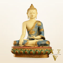 Tibetan Hand-painted Superfine Brass Buddha Statue | Bhoomisparsha Nirvana | 22"