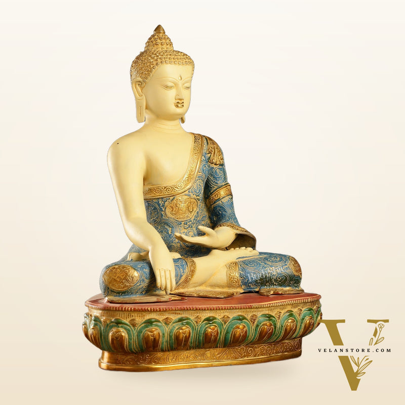 Tibetan Hand-painted Superfine Brass Buddha Statue | Bhoomisparsha Nirvana | 22"