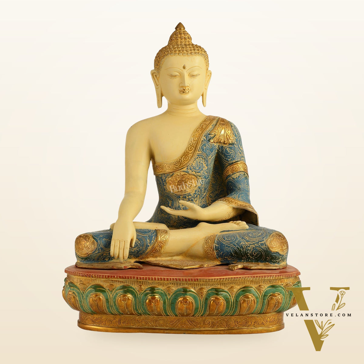 Tibetan Hand-painted Superfine Brass Buddha Statue | Bhoomisparsha Nirvana | 22"