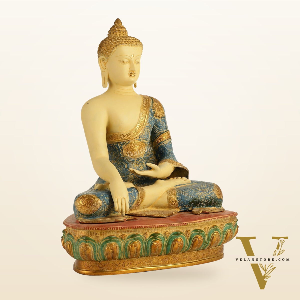 Tibetan Hand-painted Superfine Brass Buddha Statue | Bhoomisparsha Nirvana | 22"