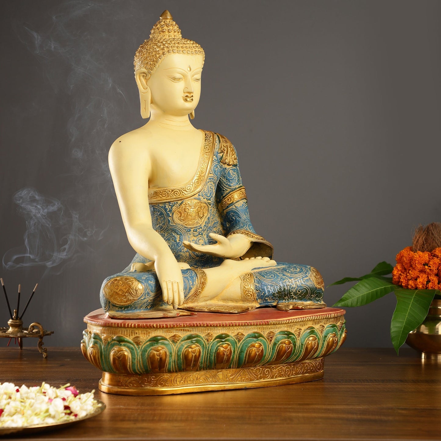 Tibetan Hand-painted Superfine Brass Buddha Statue | Bhoomisparsha Nirvana | 22"