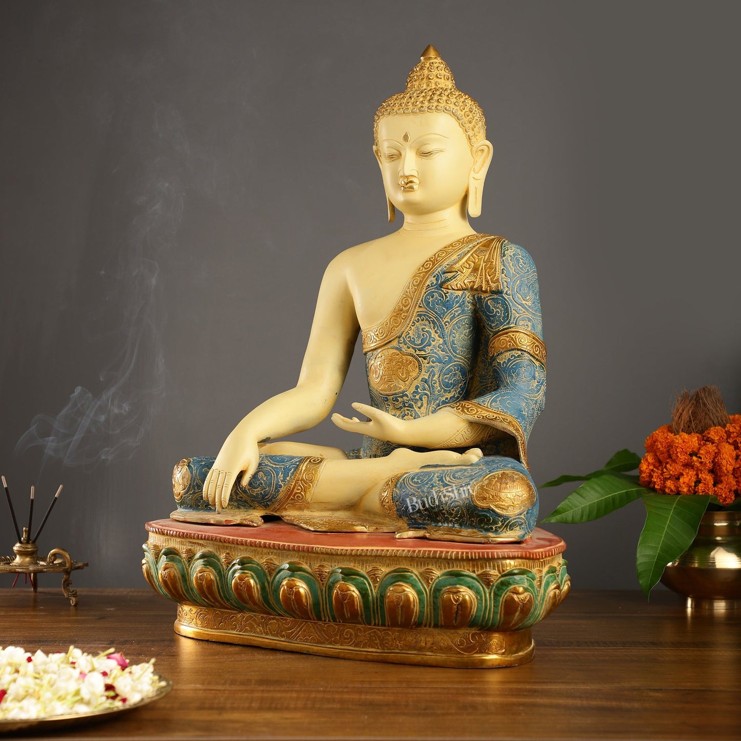 Tibetan Hand-painted Superfine Brass Buddha Statue | Bhoomisparsha Nirvana | 22"