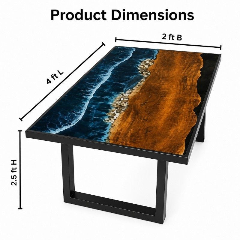 Handmade Blue Pebble Shore Ocean Wave Epoxy Resin Dining Table, Wooden Resin Coffee Table, Epoxy Beach Table, Layered Resin Wave Design with Realistic Water Movement Effect