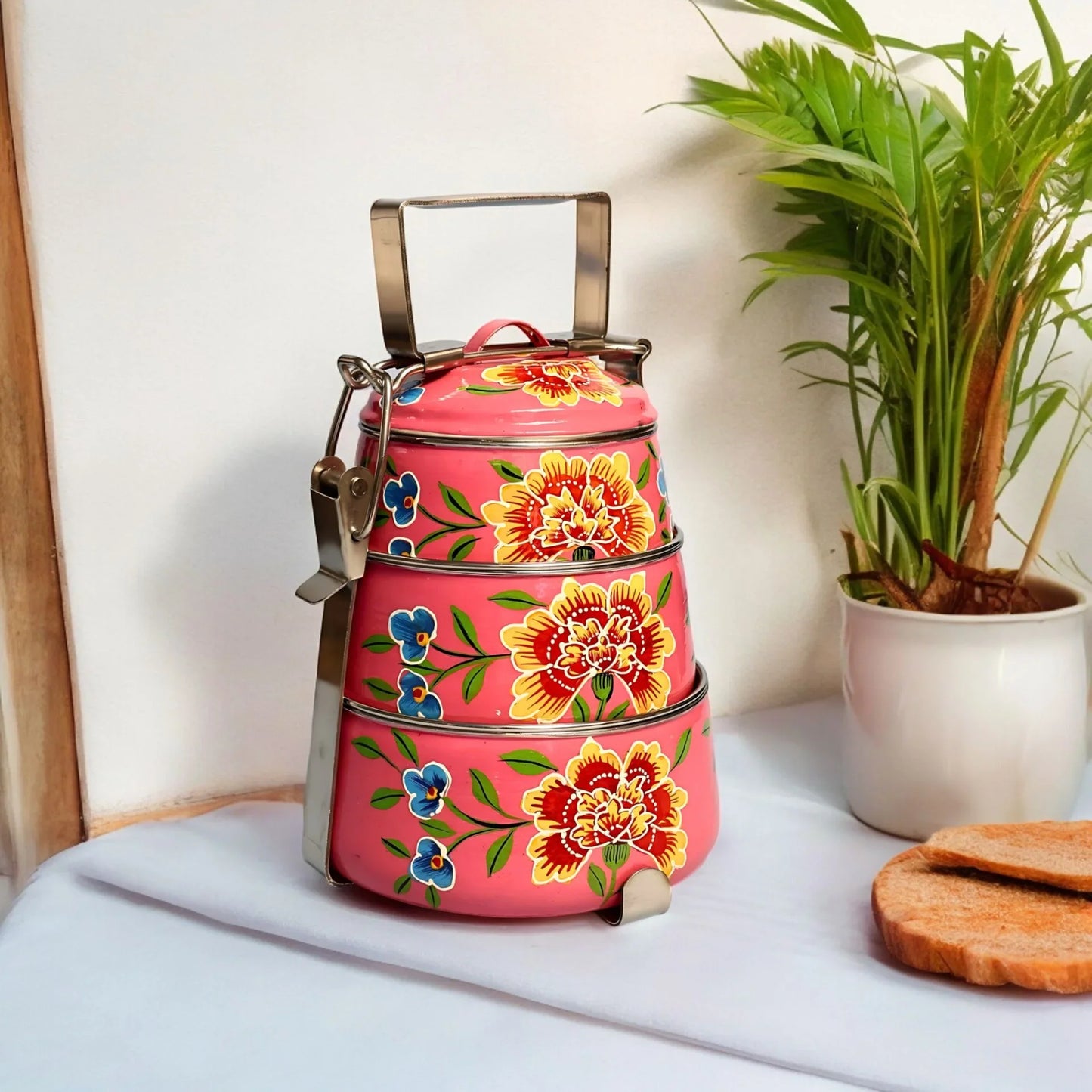 Shri-badri Hand Painted 3 Tier Steel Lunch Box - pink