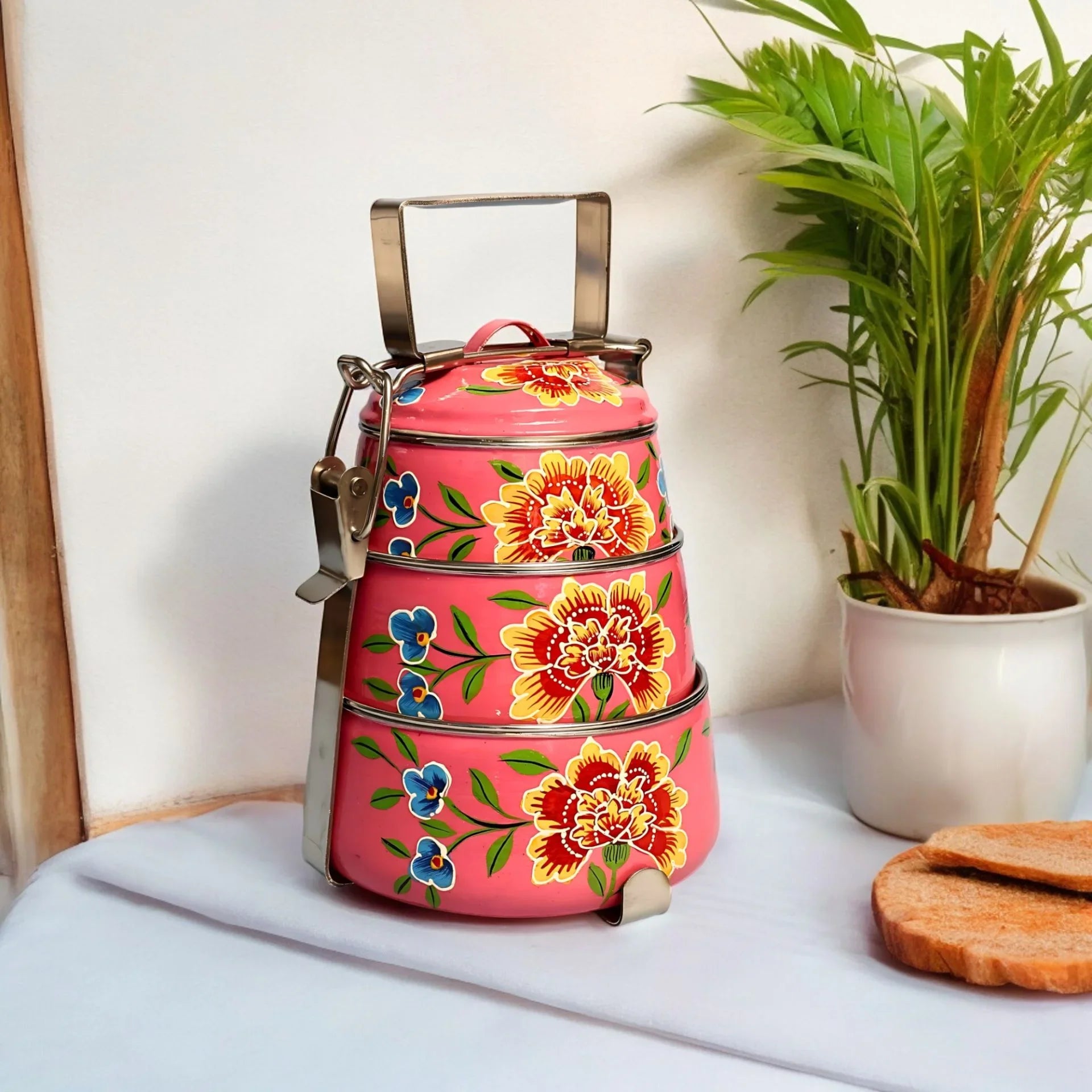 Shri-badri Hand Painted 3 Tier Steel Lunch Box - pink