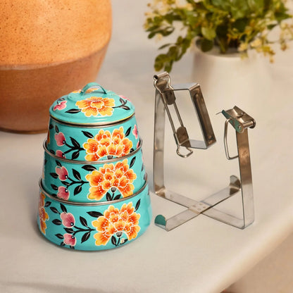 Shri-badri Hand Painted 3 Tier Steel tiffin Box - Blue