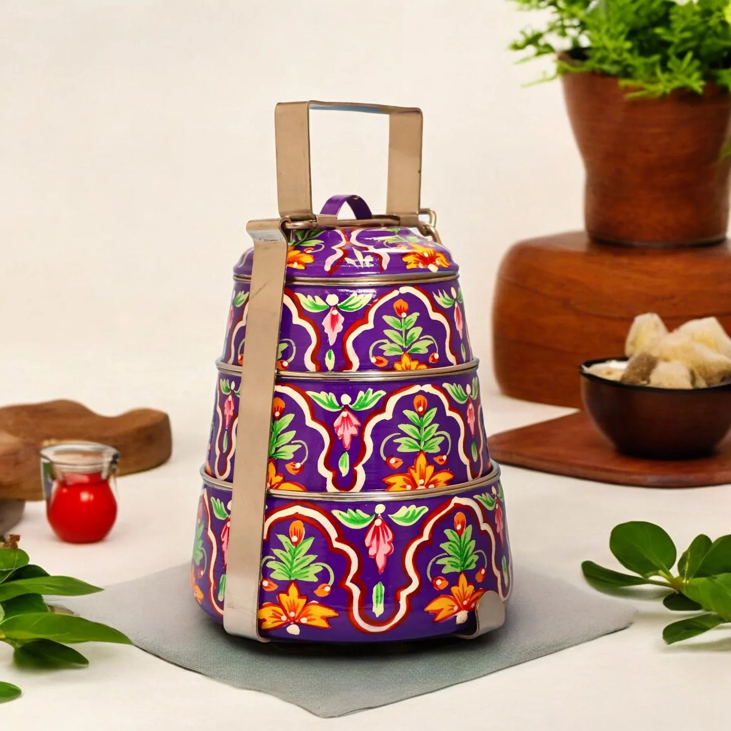 Shri-badri Hand Painted 3 Tier Steel Lunch Box - Purple
