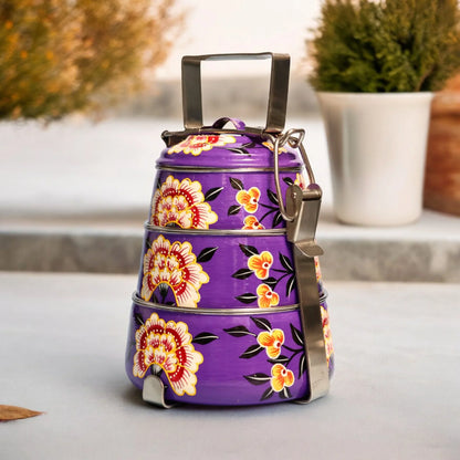 Shri-badri Hand Painted 3 Tier Steel tiffin Box - Purple
