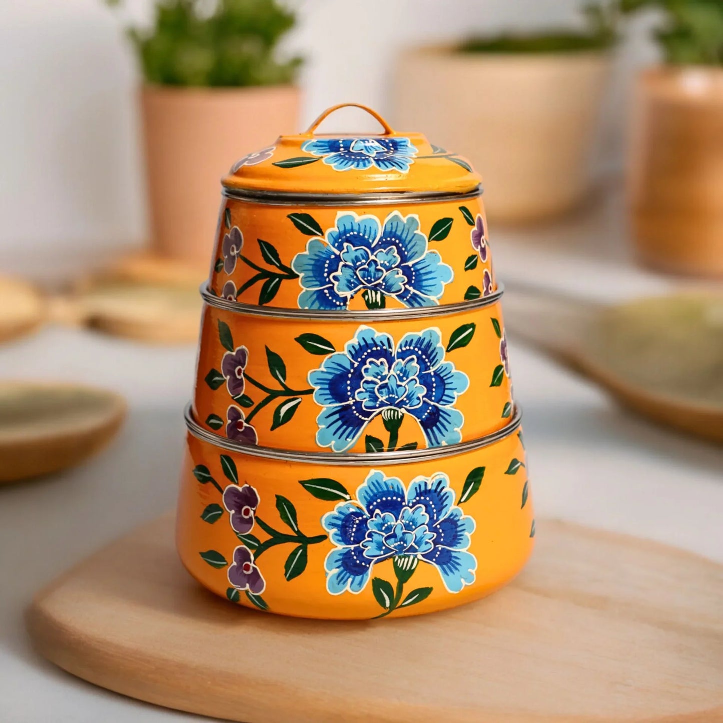 Shri-badri Hand Painted 3 Tier Steel Lunch Box - Yellow