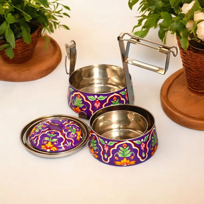 Shri-badri Hand Painted 3 Tier Steel Lunch Box - Purple