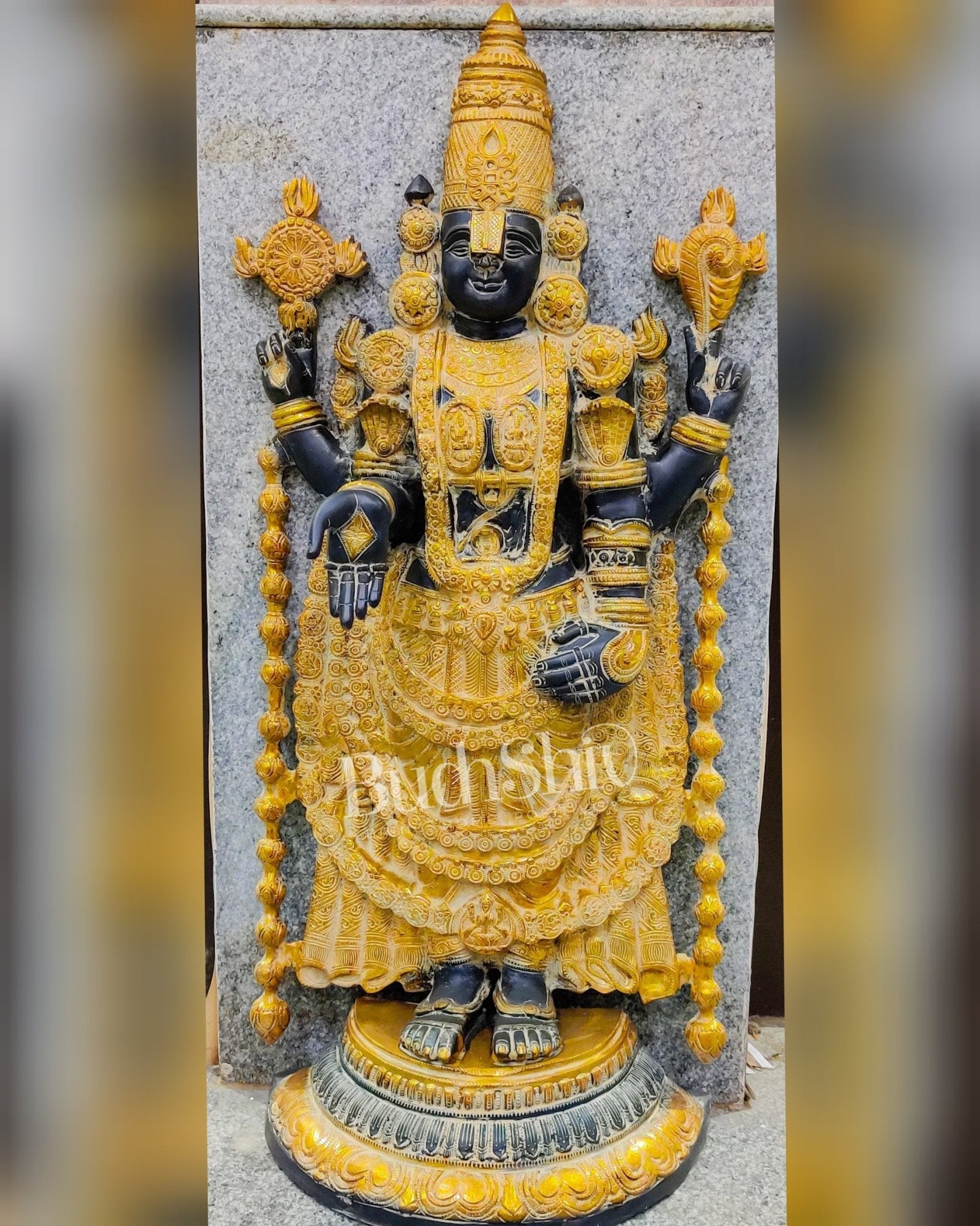 Tirupati Balaji Venkateshwar Brass Statue/Idol 40 inches Black Stone and Turmeric Yellow finish