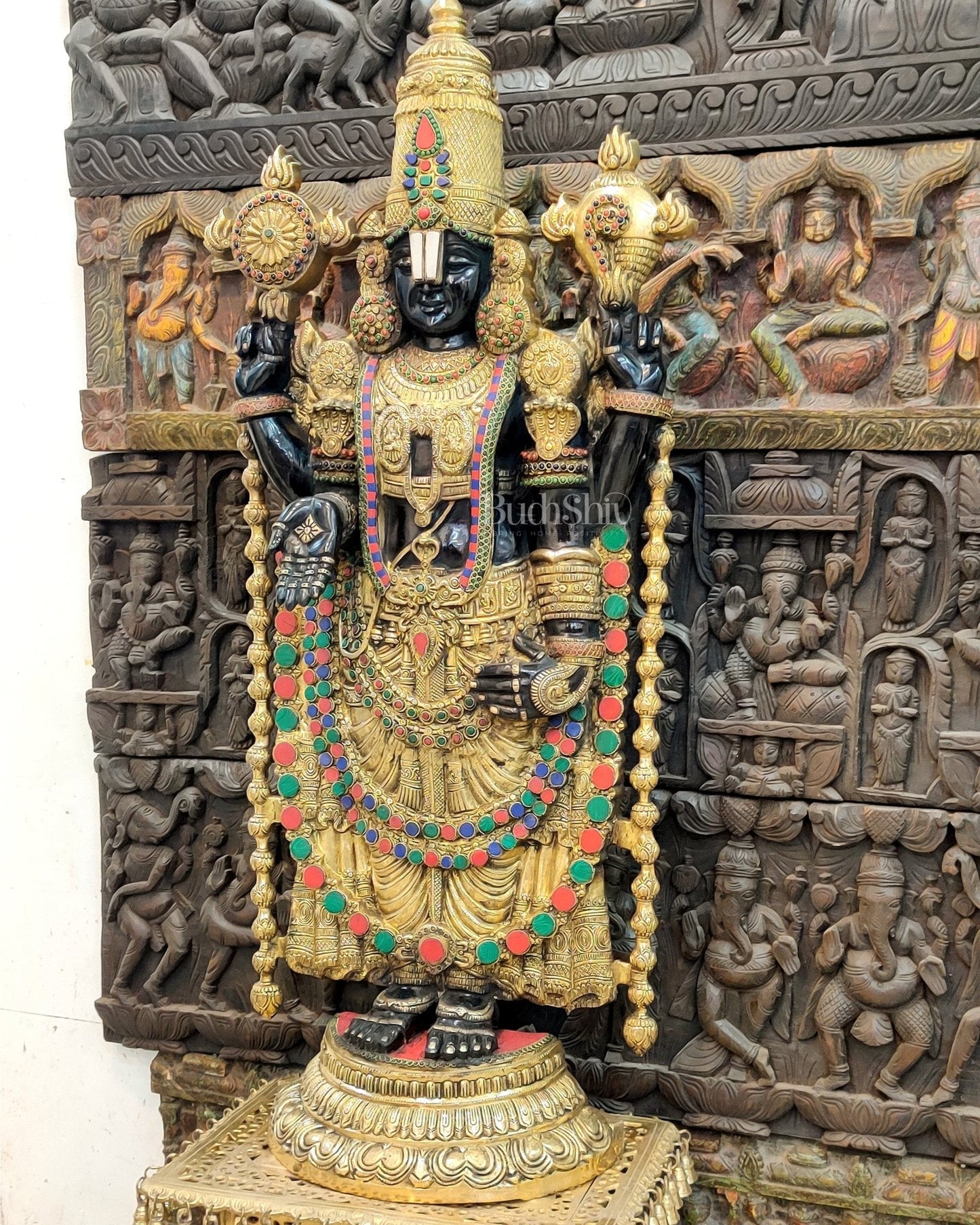 Pure Brass Tirupati Balaji Idol with Black & Golden Finish and Stonework - 48"