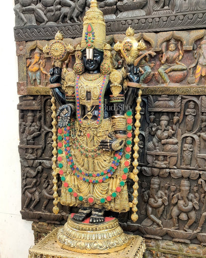Pure Brass Tirupati Balaji Idol with Black & Golden Finish and Stonework - 48"