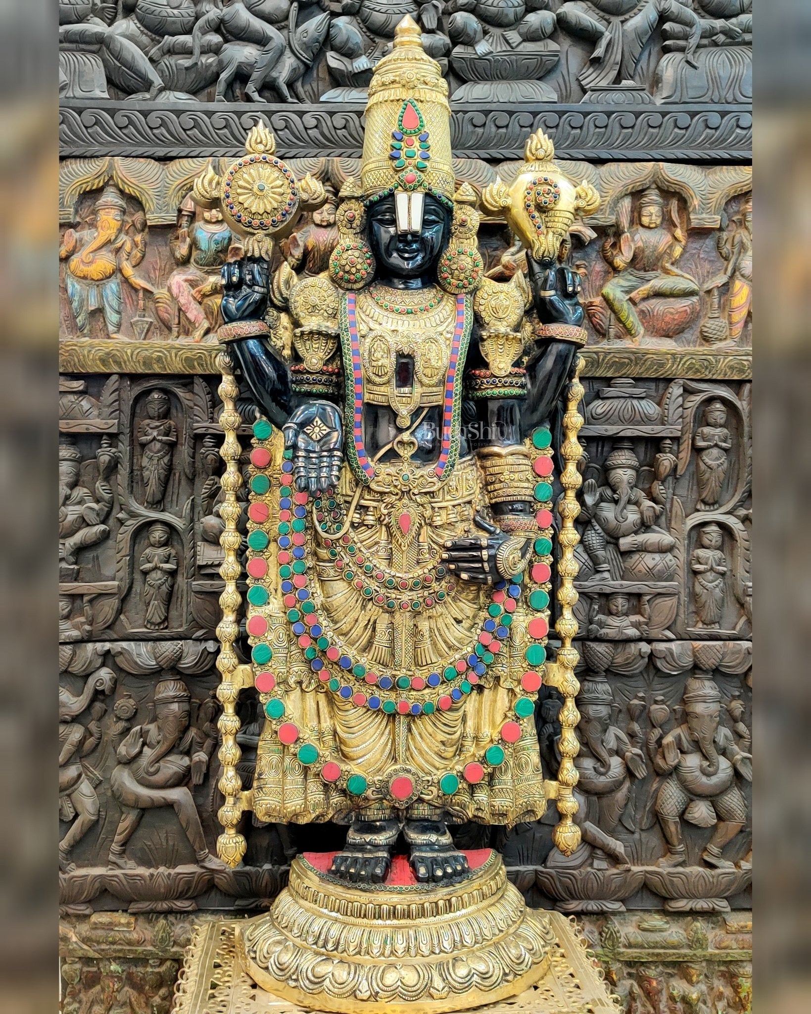 Pure Brass Tirupati Balaji Idol with Black & Golden Finish and Stonework - 48"